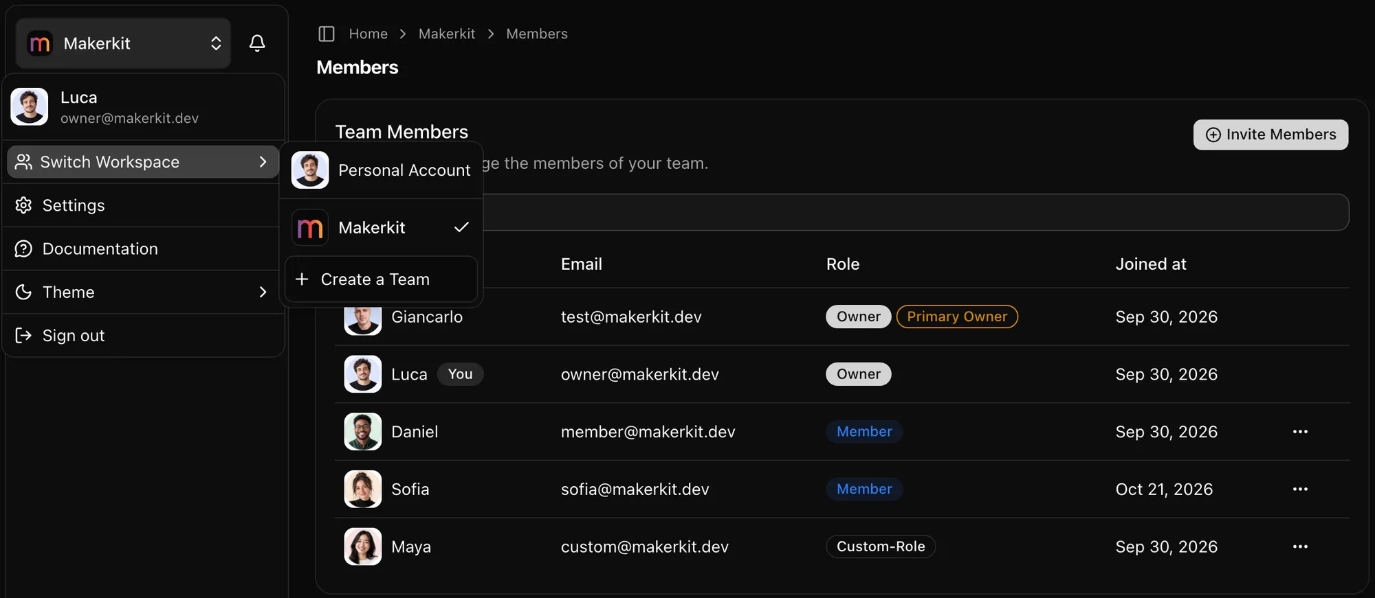 MakerKit team members page in dark mode, with owners, members and a custom role, and the workspace switcher open on a personal account and a team